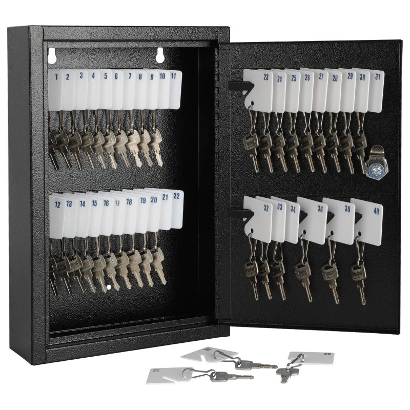 KYODOLED Key Storage Lock Box Wall Mount, Locking 40 Key Cabinet Holder Box with Key Lock, Hooks & Labels for Home, Office, Commercial Management, 2.5" D x 8.1" W x 12.1" H, Black - Image 1